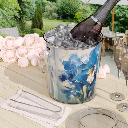 Embrace Artistic Expression with Blue Orchid Abstract Painting Ice Bucket with Tongs