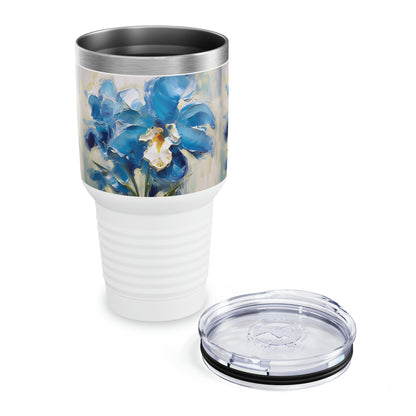 Vibrant Brushwork: Blue Orchid Abstract Painting Ringneck Tumbler, Embrace the Power of Artistic Expression