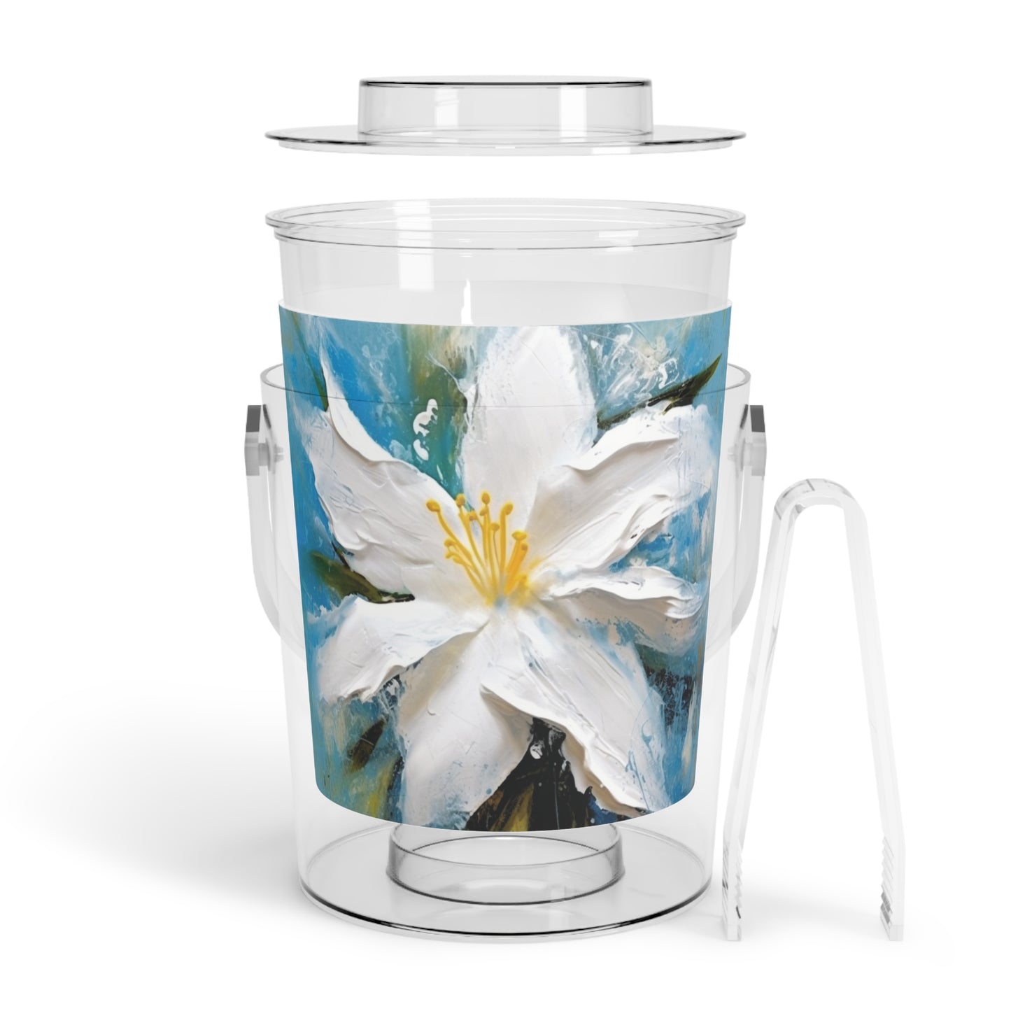 Ethereal Elegance: Ice Bucket with Tongs featuring an Abstract Oil Painting of Jasmine