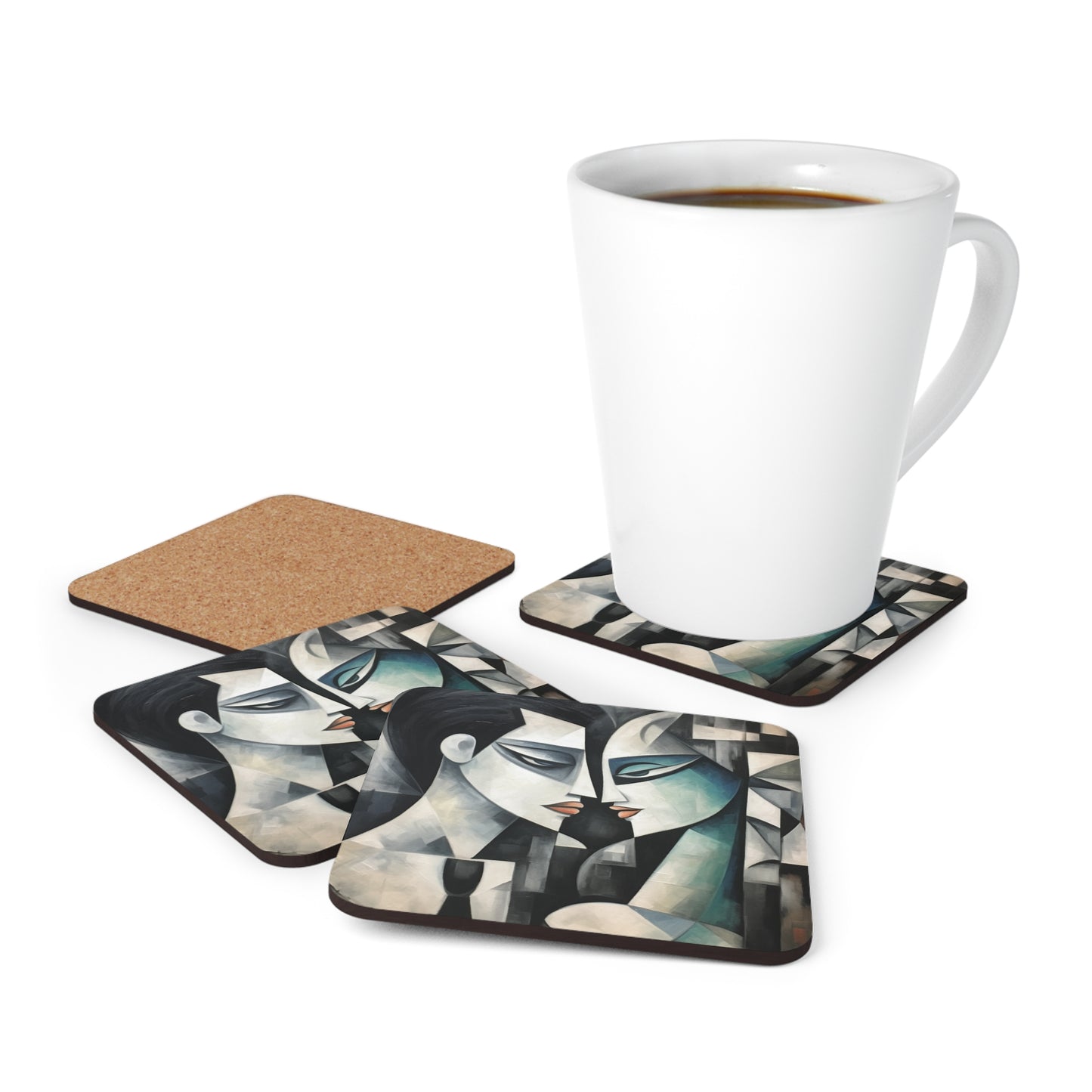 Corkwood Coaster Set with Cubist Art: Artistic Finesse and Abstract Flair