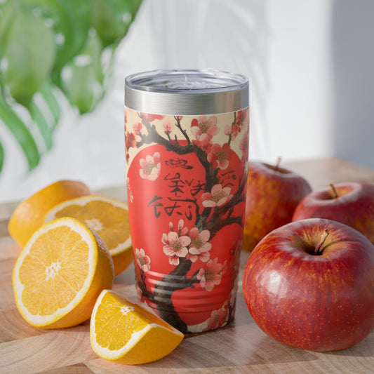 Nature's Brushstrokes: Ringneck Tumbler Featuring Captivating Cherry Blossom Drawings