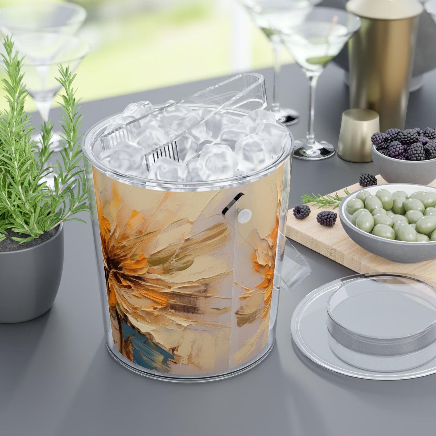 A Brush of Nature's Elegance: Ice Bucket with Tongs for Artistic Flower Lovers