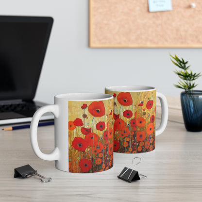 Floral Symphony: Ceramic Mug showcasing Gustav Klimt's Poppies in Art Nouveau