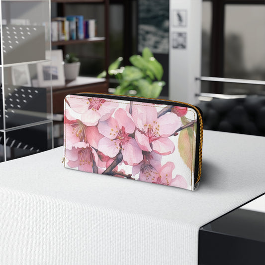 Whimsical Delight: Watercolor Cherry Blossom Tree Zipper Wallet