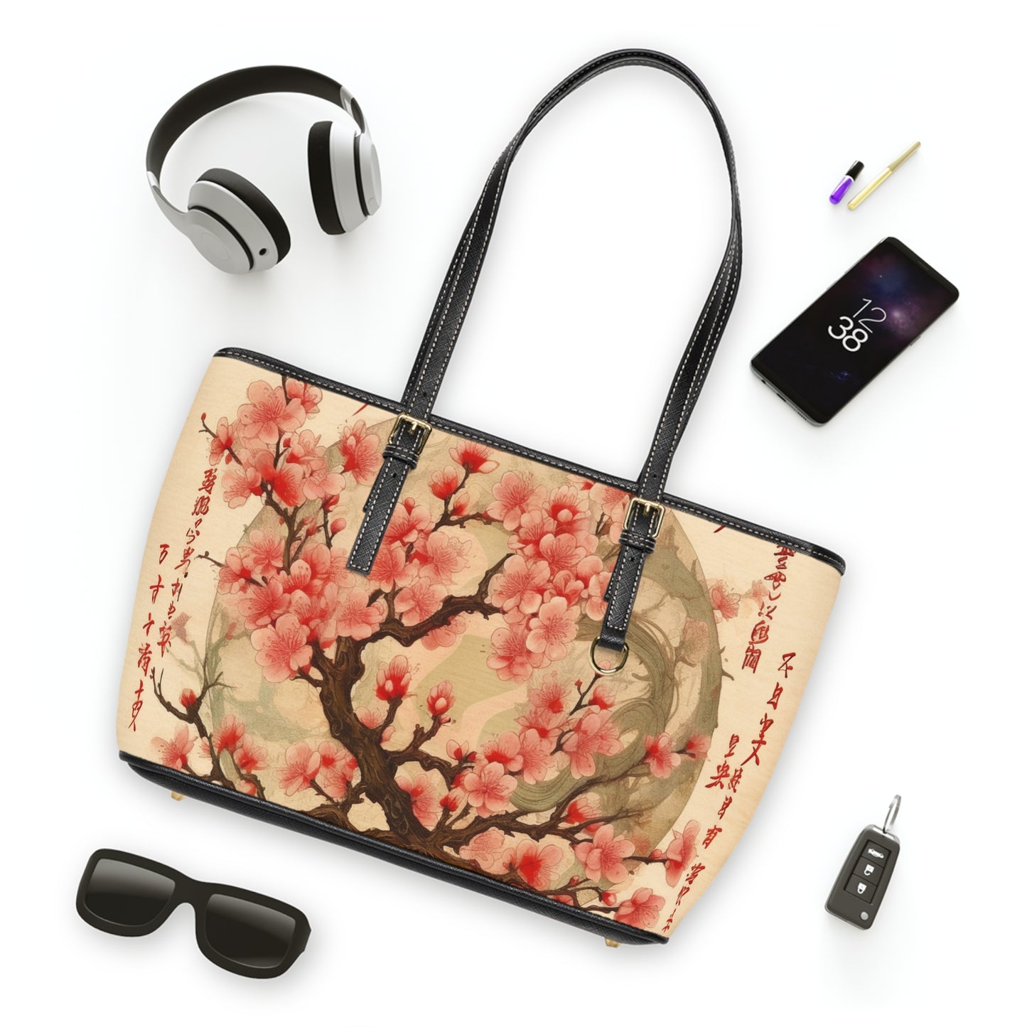 Whimsical Blossom Dreams: PU Leather Shoulder Bag with Delightful Flower Drawings and Cherry Blossoms