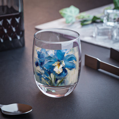 Embrace Artistic Expression with Blue Orchid Abstract Painting Whiskey Glass