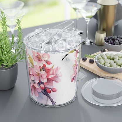 Cherry Blossom Delight: Floral Watercolor Ice Bucket with Tongs