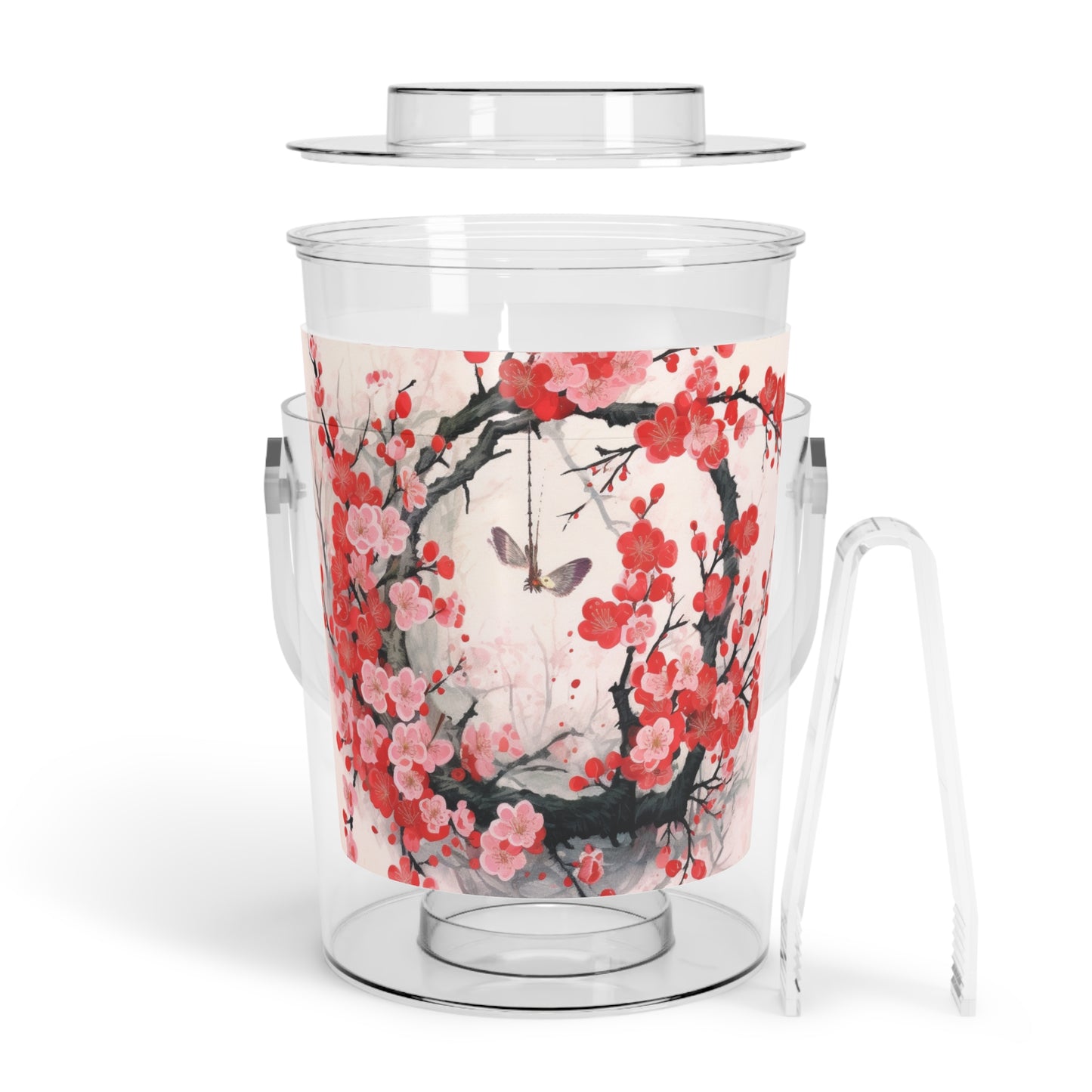 Cherry Blossom Delight: Ice Bucket with Tongs Adorned with Intricate Flower Drawings and Artistry