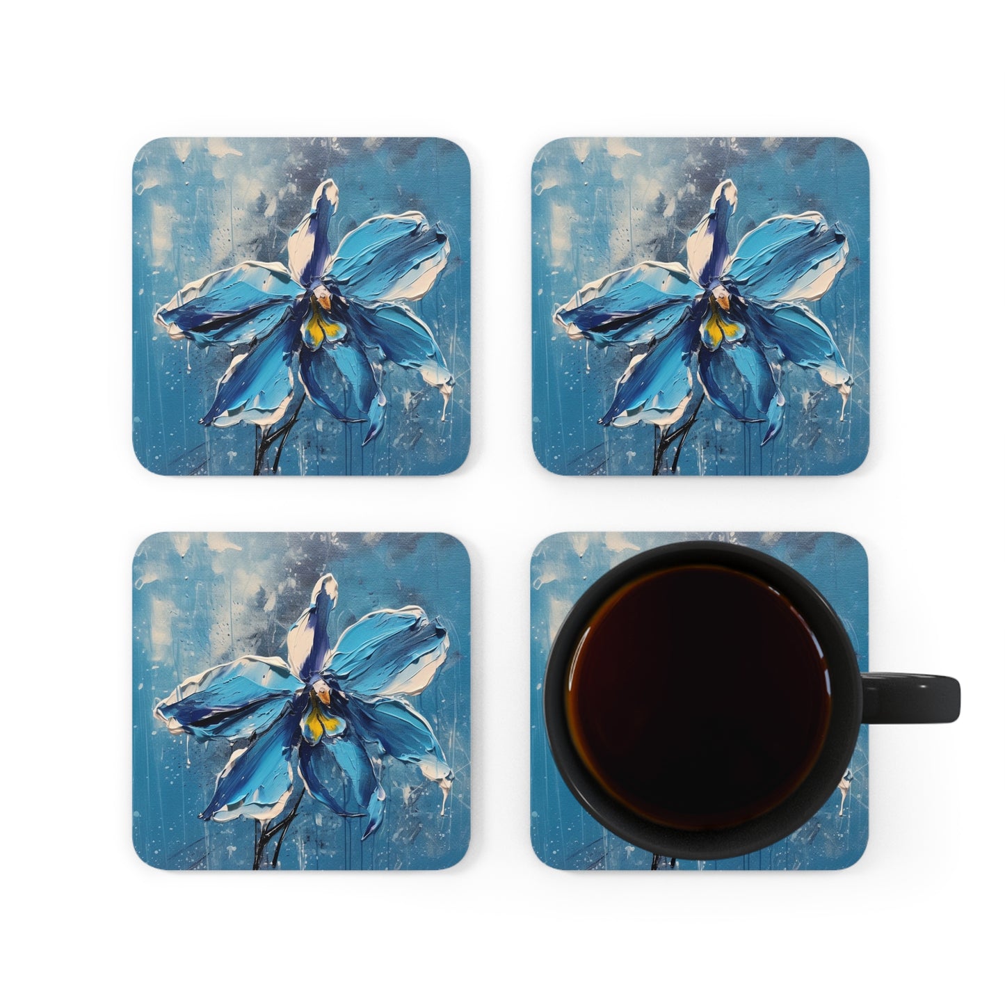 Abstract Backgrounds Corkwood Coaster Set: Blue Orchid Bliss in Artistic Abstraction