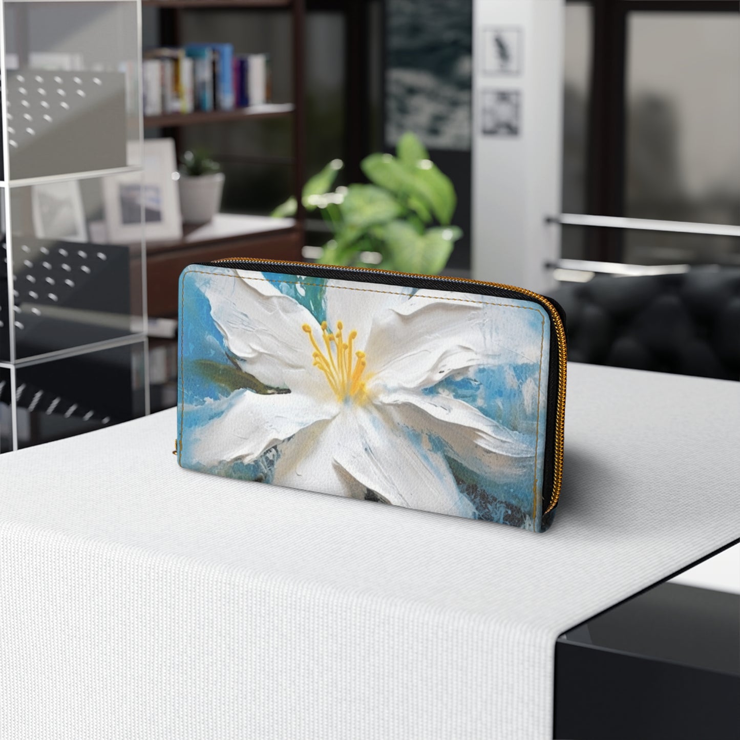 Ethereal Elegance: Zipper Wallet featuring an Abstract Oil Painting of Jasmine