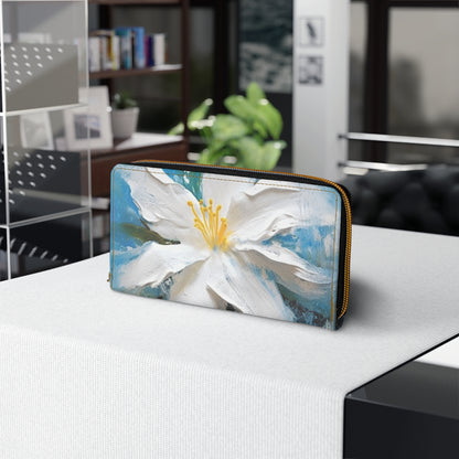 Ethereal Elegance: Zipper Wallet featuring an Abstract Oil Painting of Jasmine