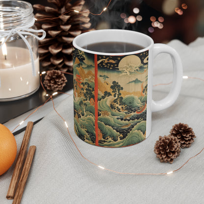 Harmony of the Elements: Japanese Tapestry-Inspired Ceramic Mug