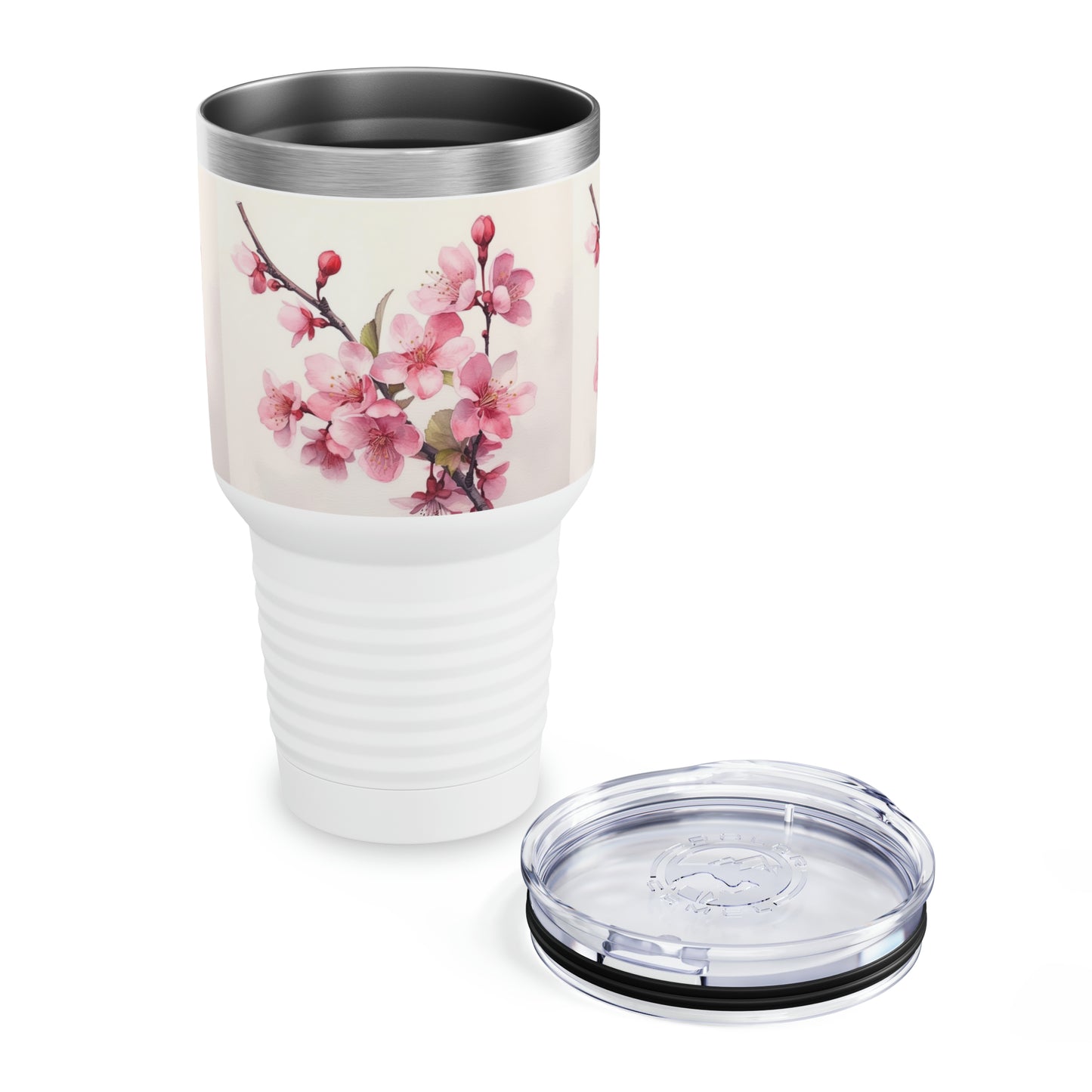 Artistic Elegance: Ringneck Tumbler with Watercolor Drawing of a Cherry Blossom