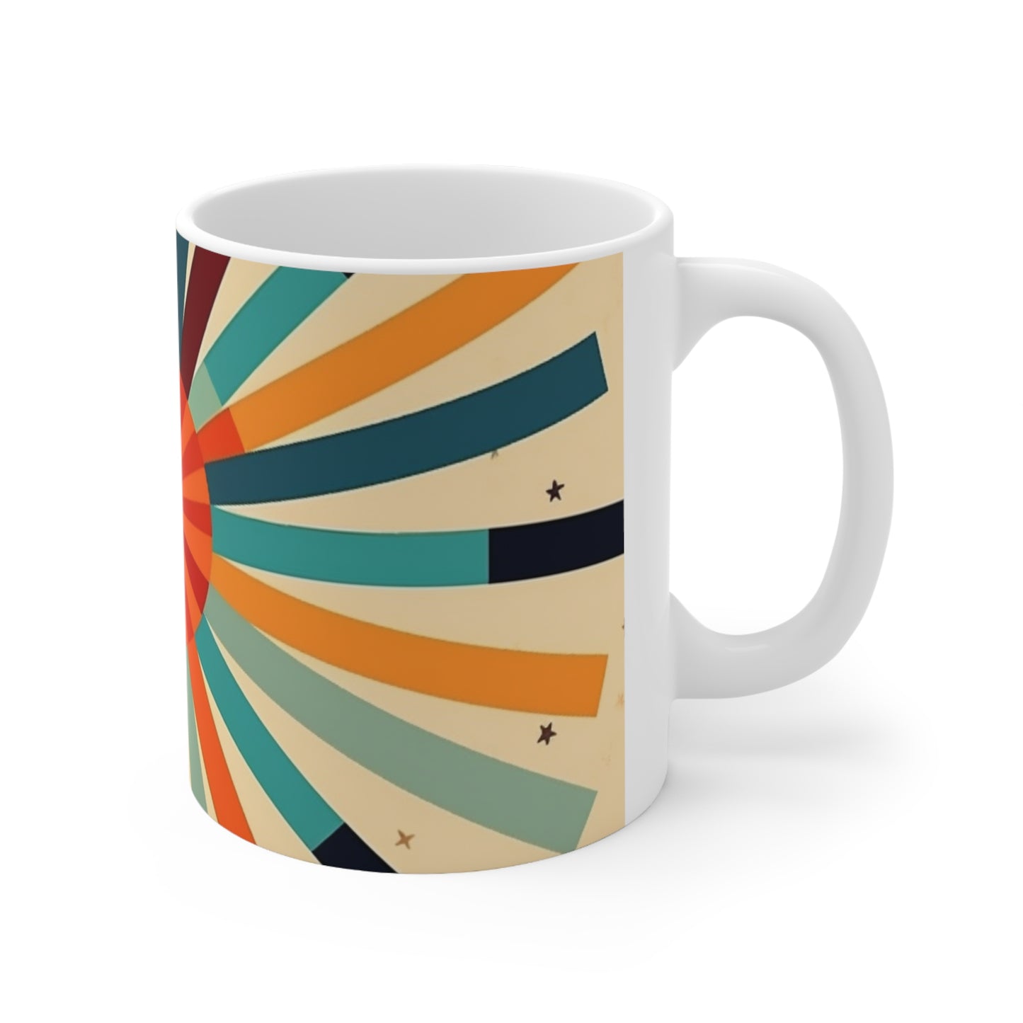 Swinging Sixties: 1960s Fashion-Inspired Coffee Mug with Abstract Art and Starburst Candy Colors