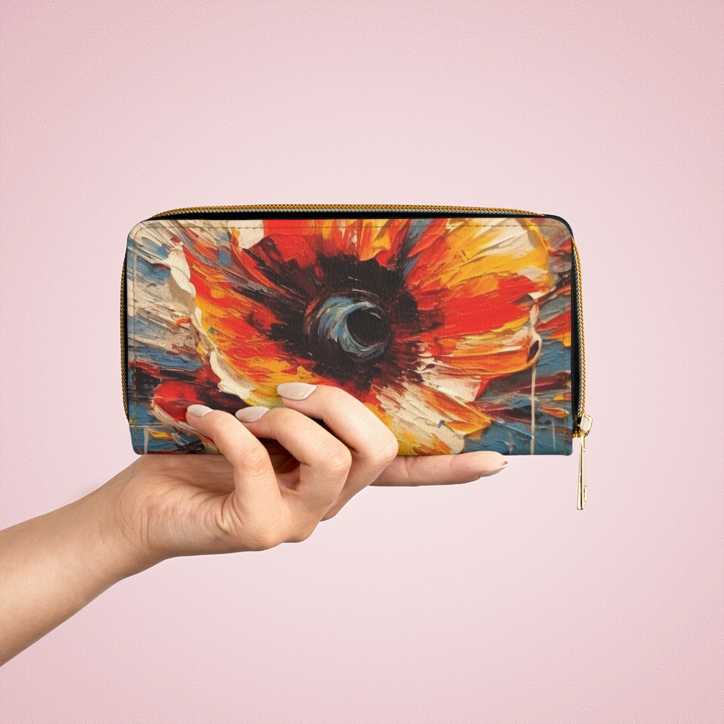 Poppy Symphony: Zipper Wallet with Abstract Floral Artwork