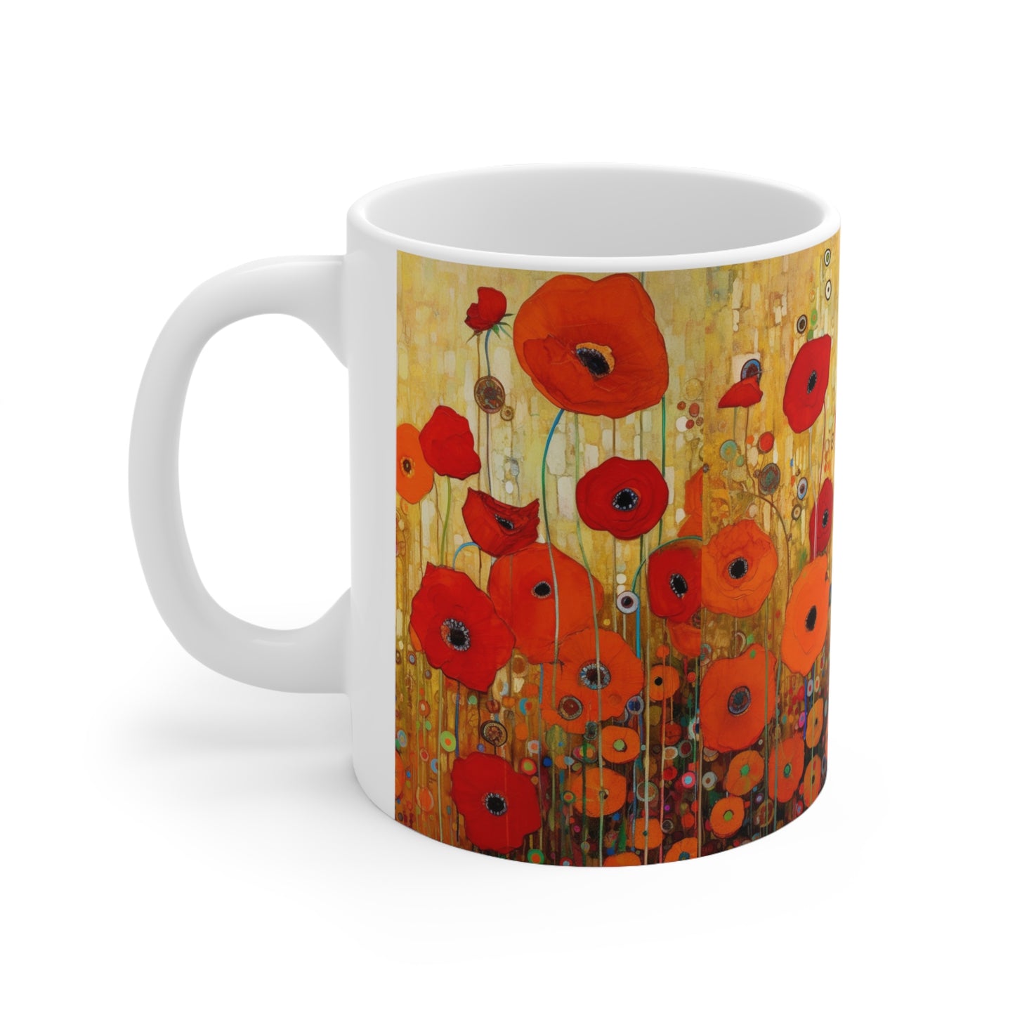 Floral Symphony: Ceramic Mug showcasing Gustav Klimt's Poppies in Art Nouveau