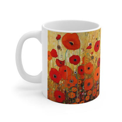 Floral Symphony: Ceramic Mug showcasing Gustav Klimt's Poppies in Art Nouveau