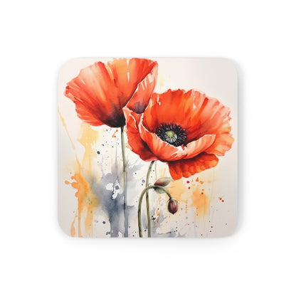 Whimsical Poppy Flower Watercolor Corkwood Coaster Set: An Artistic Delight