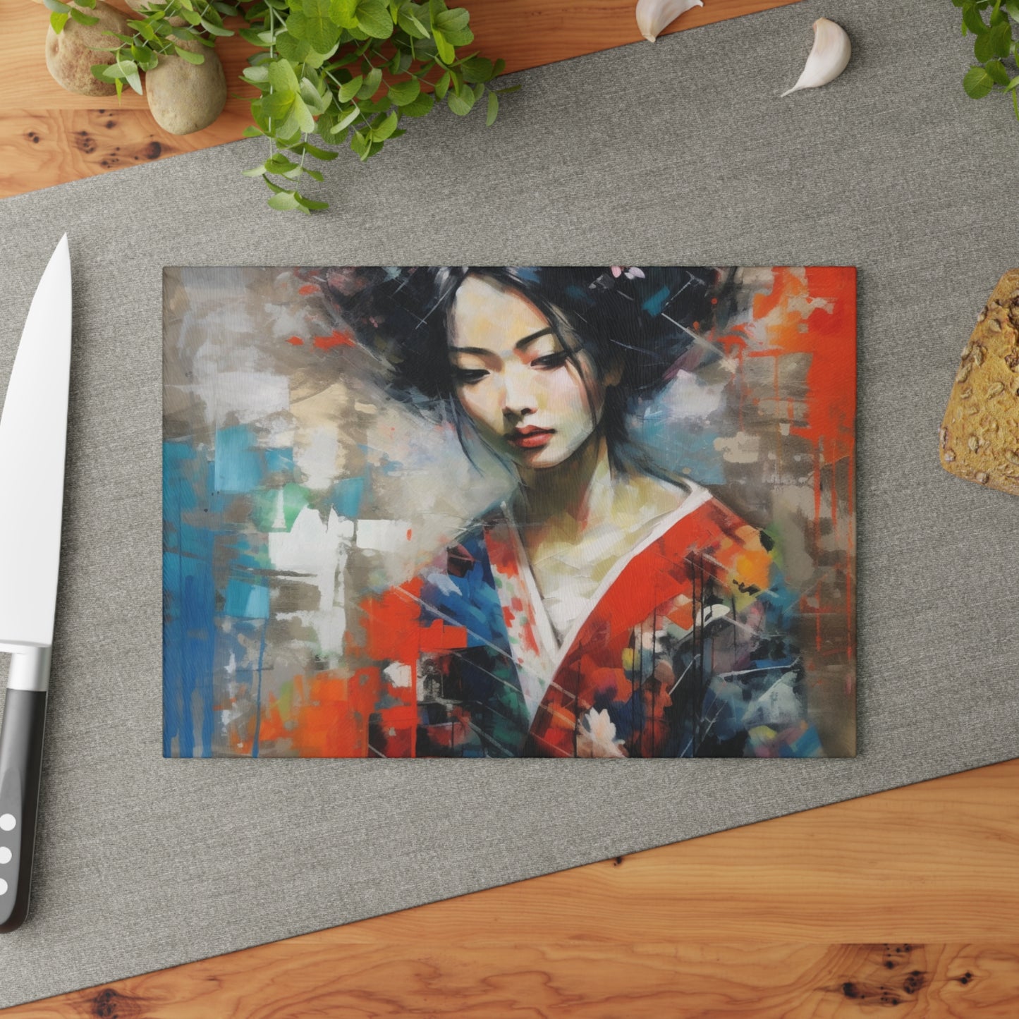 Glass Cutting Board with Geisha Art: Japanese Artistic Flair