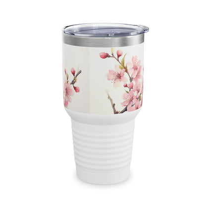 Watercolor Symphony: Ringneck Tumbler with Cherry Blossom Elegance