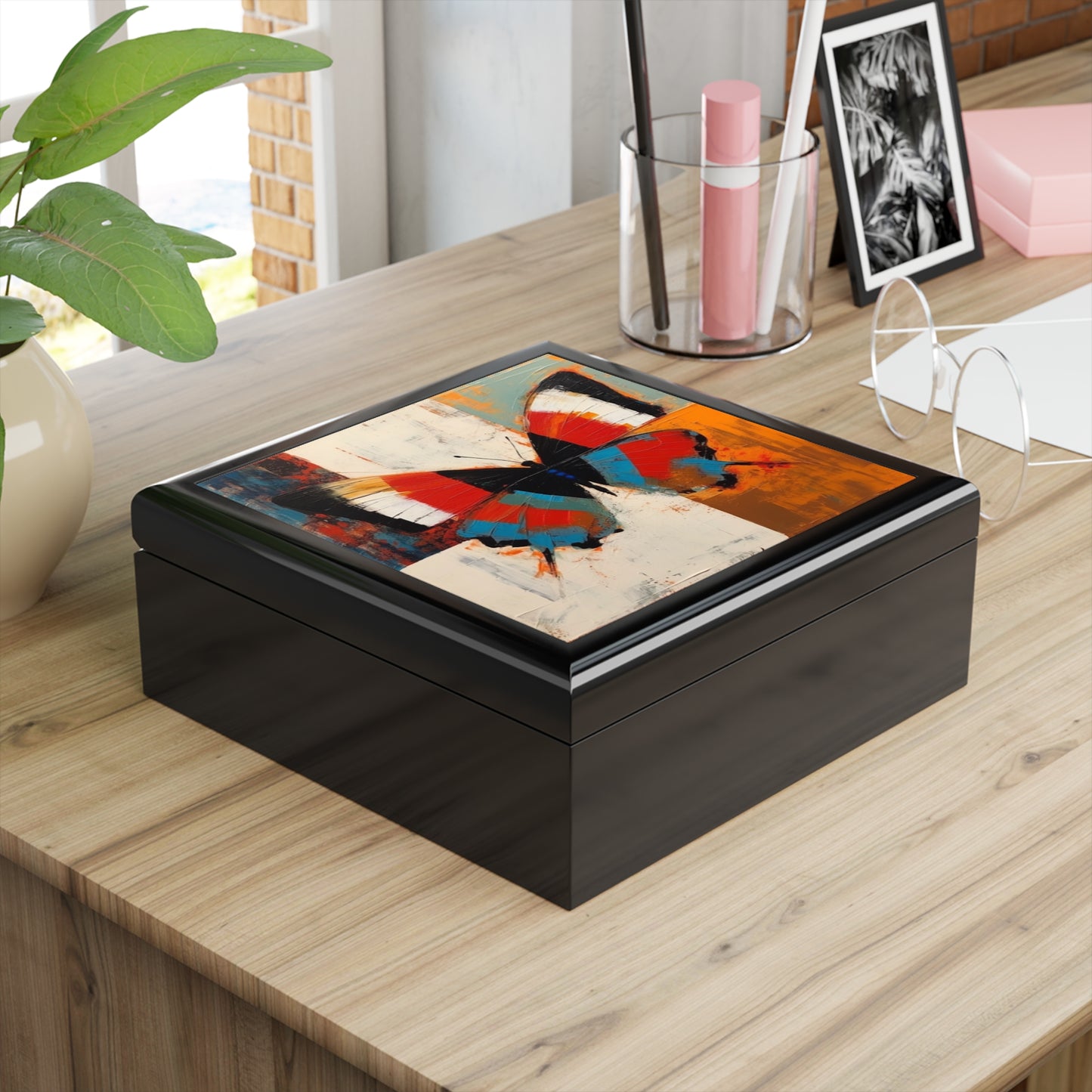 Bauhaus-Inspired Butterfly Symphony: Jewelry Box with Vibrant Colors and Intricate Details