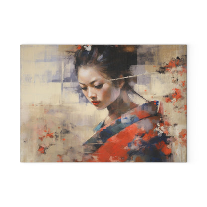 Japanese-Inspired Abstract Oil Painting Glass Cutting Board: Celebrating Geisha Beauty