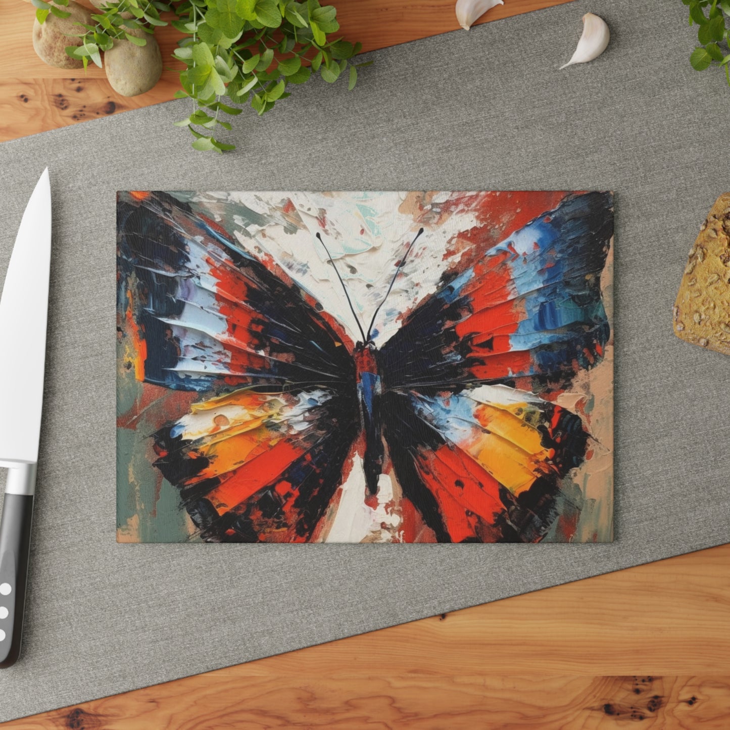 Glass Cutting Board with Bauhaus-Inspired Butterfly Drawing: A Harmonious Blend of Art and Functionality