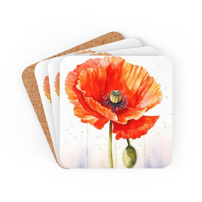 Watercolor Poppy Garden Corkwood Coaster Set: Unleash the Beauty of Nature