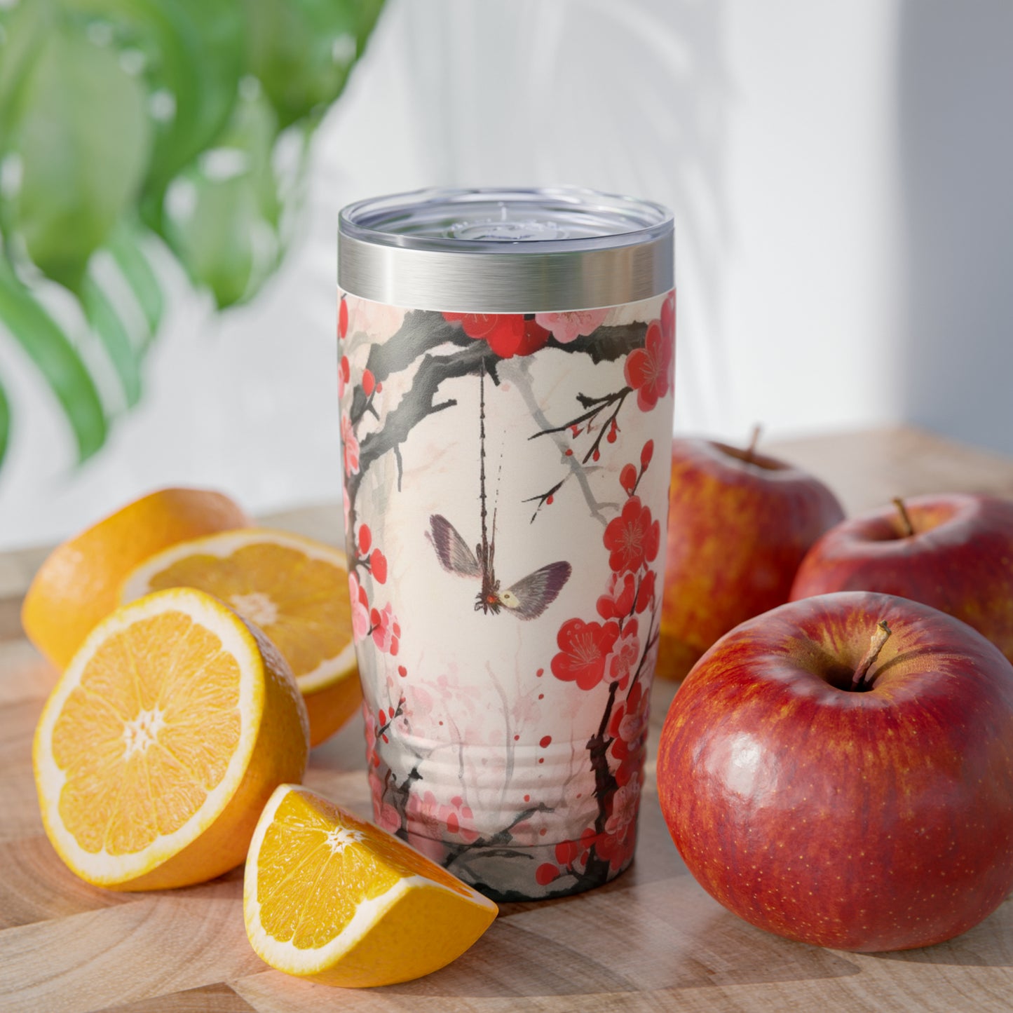 Cherry Blossom Delight: Ringneck Tumbler Adorned with Intricate Flower Drawings and Artistry