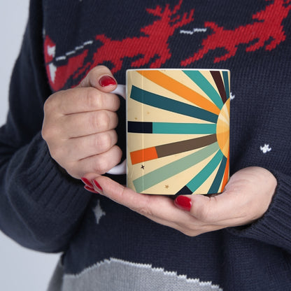 Swinging Sixties: 1960s Fashion-Inspired Coffee Mug with Abstract Art and Starburst Candy Colors