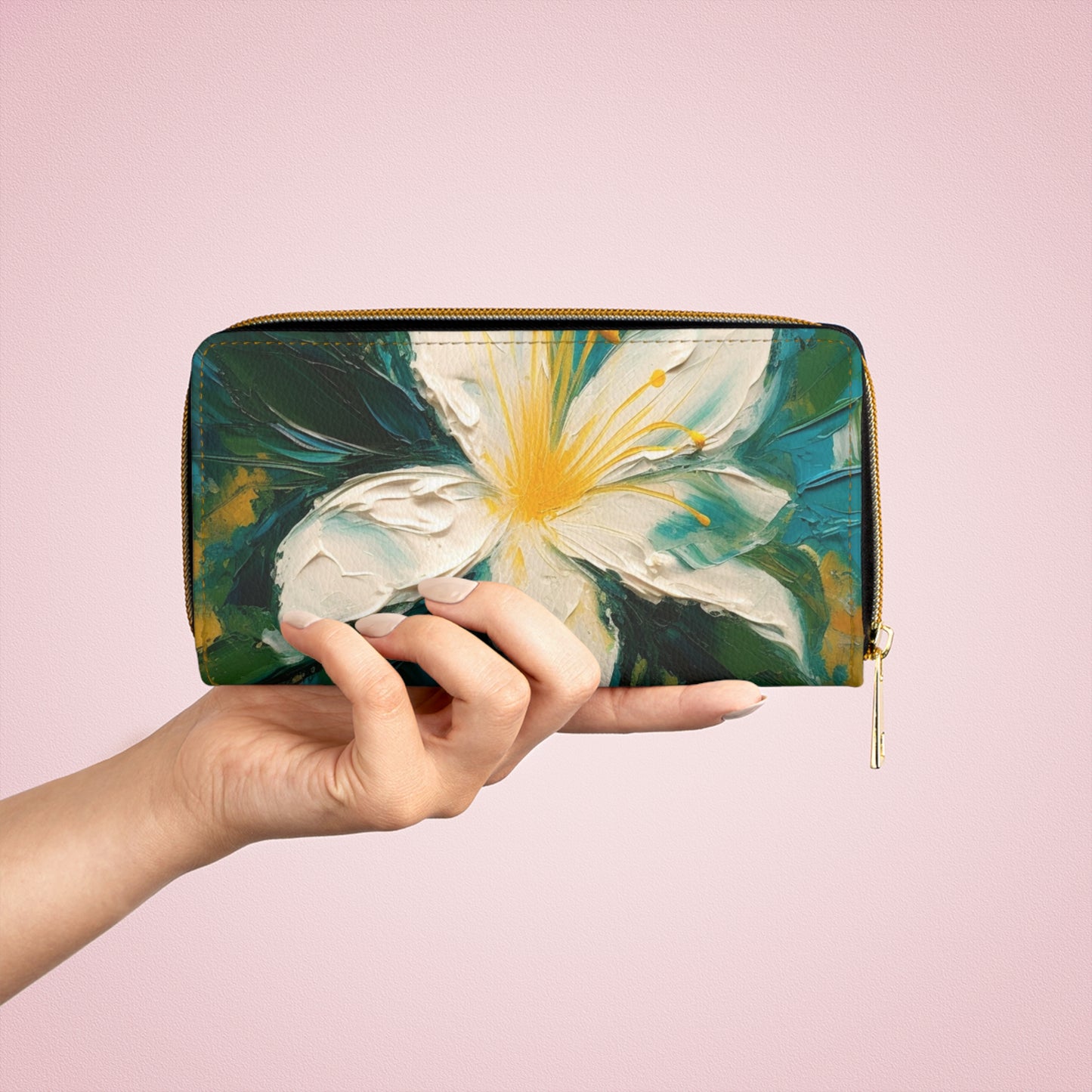 Floral Symphony: Zipper Wallet featuring an Abstract Oil Painting of Jasmine