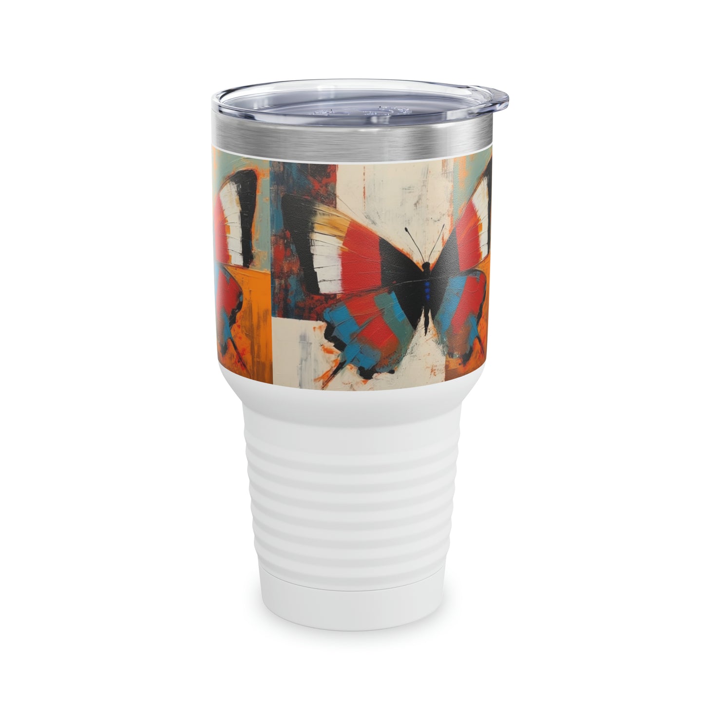 Bauhaus-Inspired Butterfly Symphony: Ringneck Tumbler with Vibrant Colors and Intricate Details