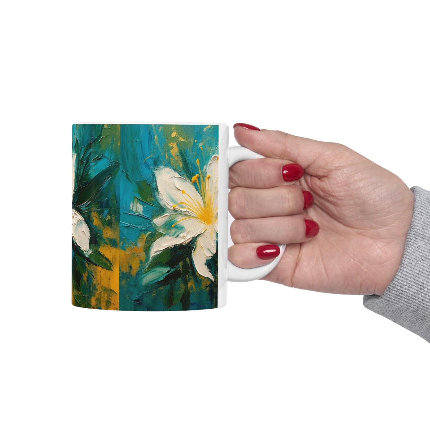 Floral Symphony: Ceramic Mug featuring an Abstract Oil Painting of Jasmine