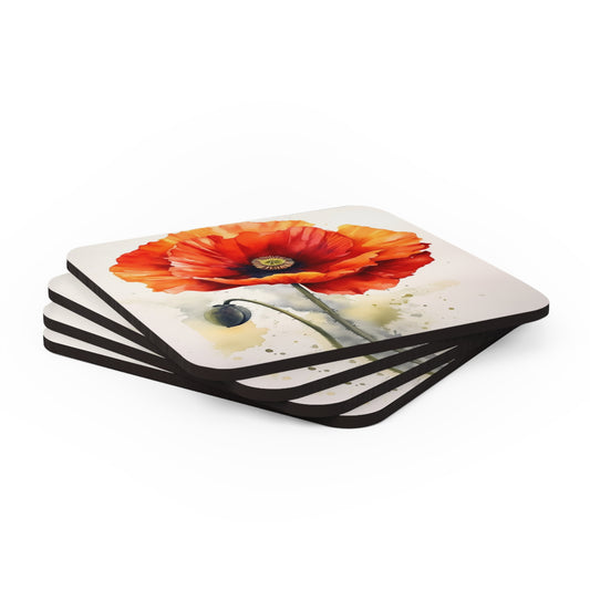 Stunning Poppy Flower Watercolor Corkwood Coaster Set: A Blossoming Experience