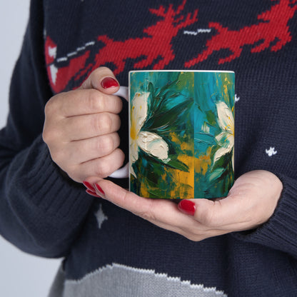 Floral Symphony: Ceramic Mug featuring an Abstract Oil Painting of Jasmine