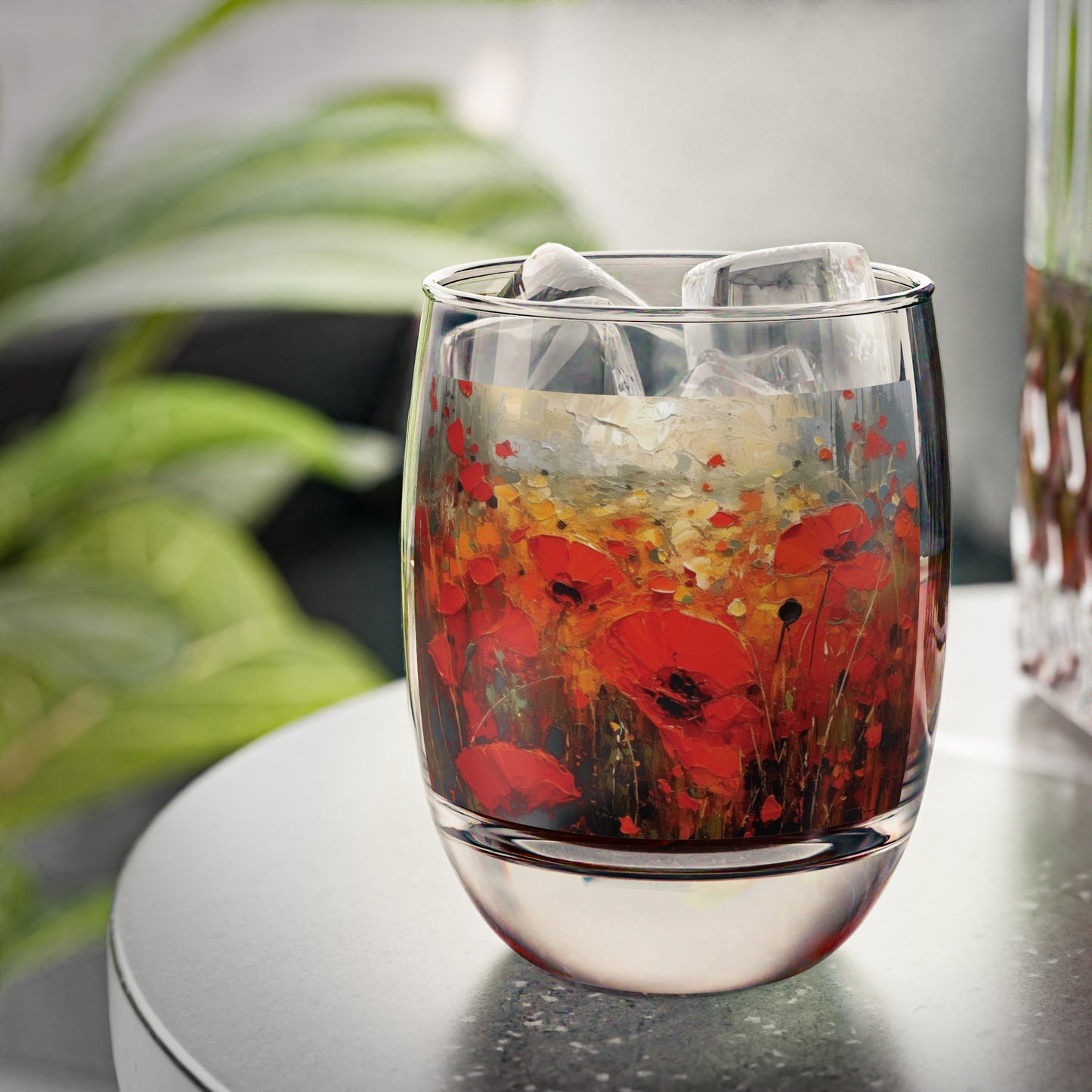 Whimsical Poppy Art on Whiskey Glass: A Burst of Joy with Every Drink