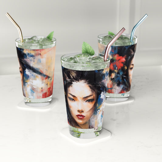 Abstract Geisha Art Pint Glass: Captivating Brushstrokes in a Japanese Aesthetic