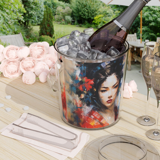 Abstract Geisha Art Ice Bucket with Tongs: Captivating Brushstrokes in a Japanese Aesthetic