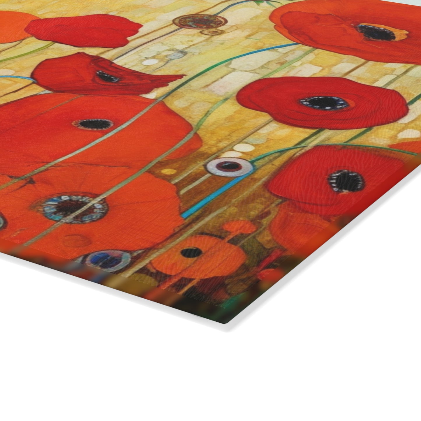 Floral Symphony: Glass Cutting Board showcasing Gustav Klimt's Poppies in Art Nouveau