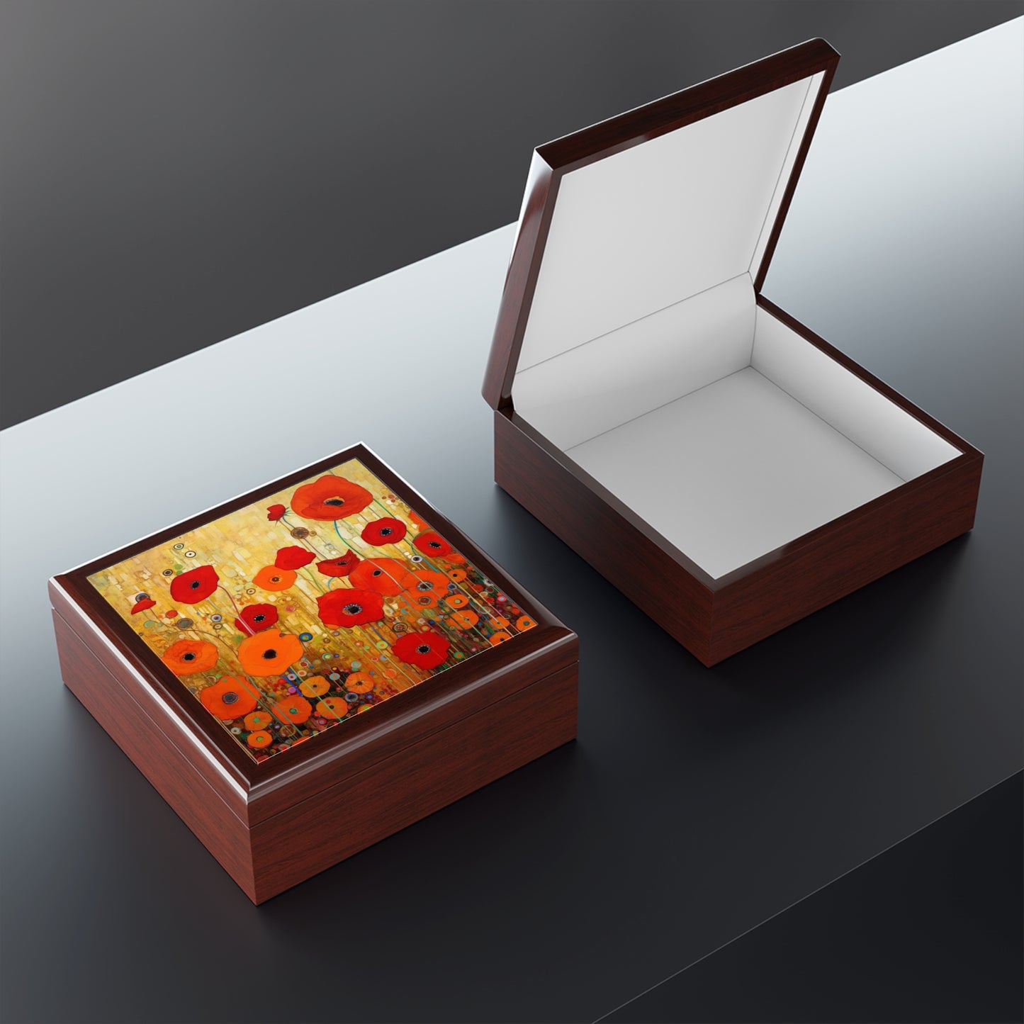 Timeless Beauty: 19th Century Fashion Meets Gustav Klimt's Poppies in a Jewelry Box