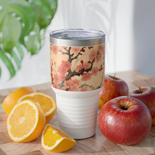 Floral Fusion Delight: Ringneck Tumbler Merging the Beauty of Cherry Blossoms and Artistic Flower Drawings