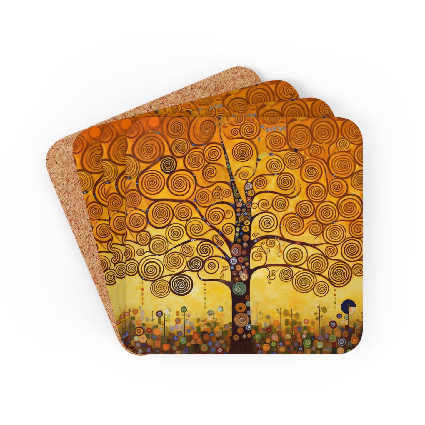 Symbolic Harmony: Gustav Klimt Tree of Life Corkwood Coaster Set, Embrace Artistic Elegance