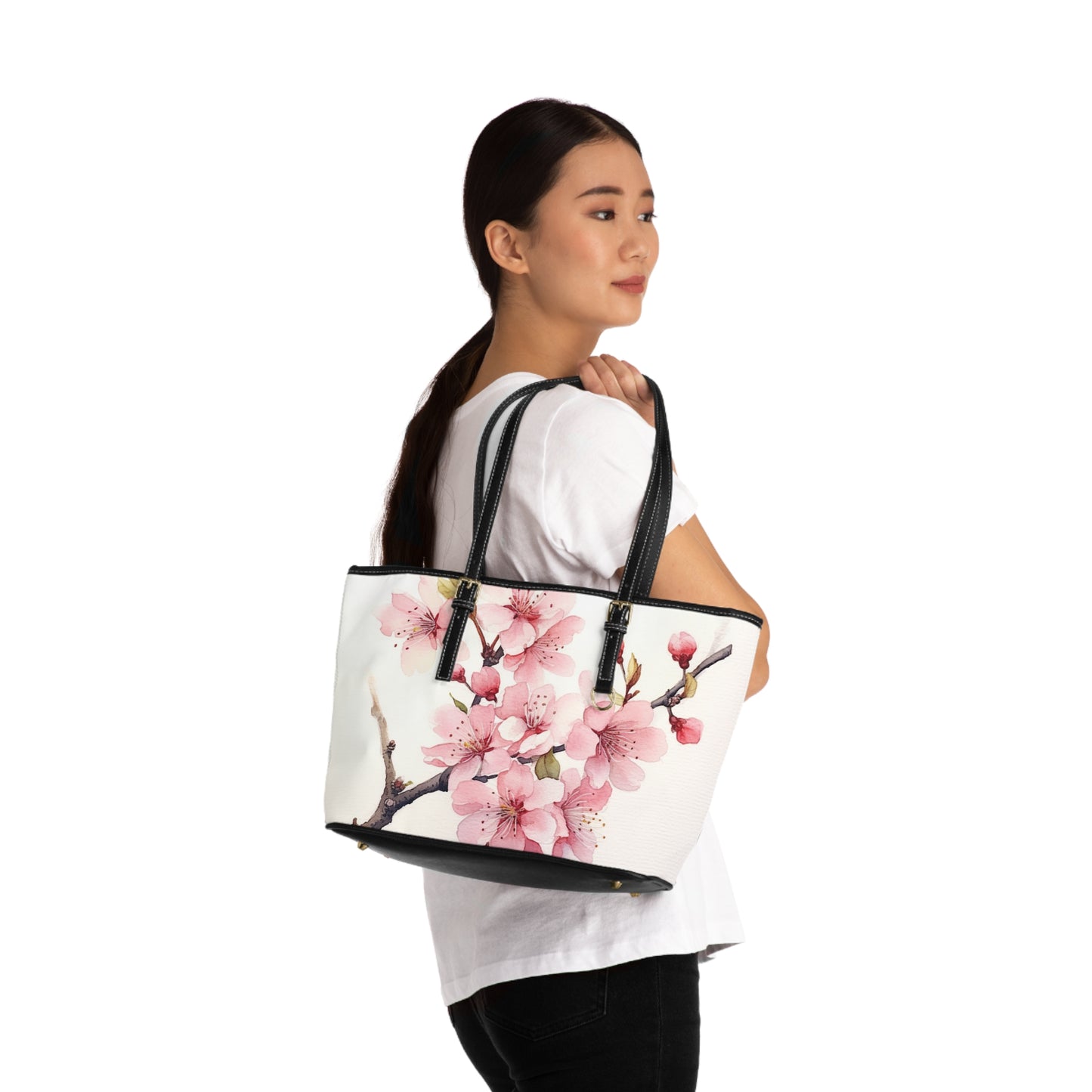 Watercolor Cherry Blossom PU Leather Shoulder Bag