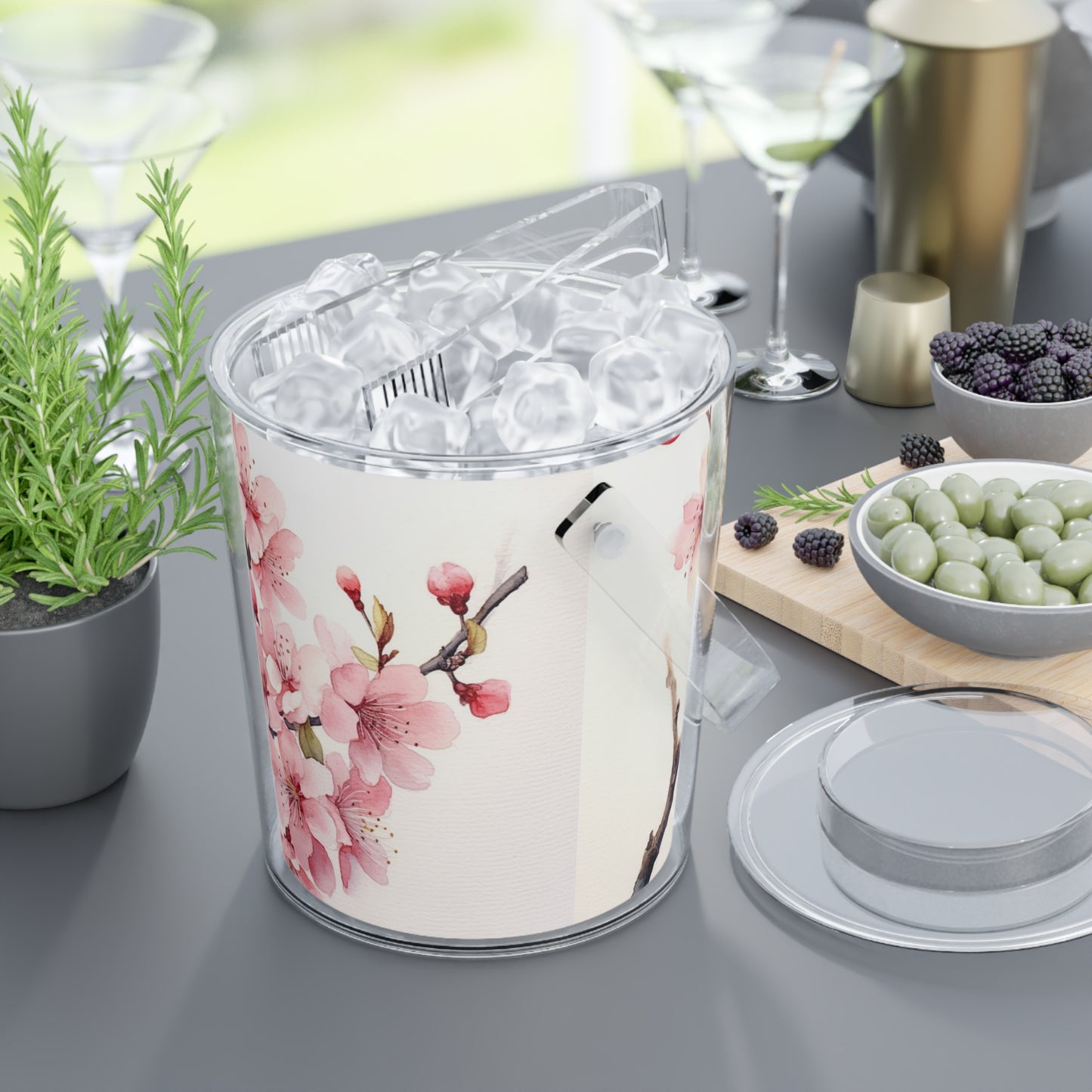 Watercolor Cherry Blossom Ice Bucket with Tongs