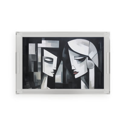 Black and White Wallpaper Acrylic Serving Tray: Immersive Cubist Style