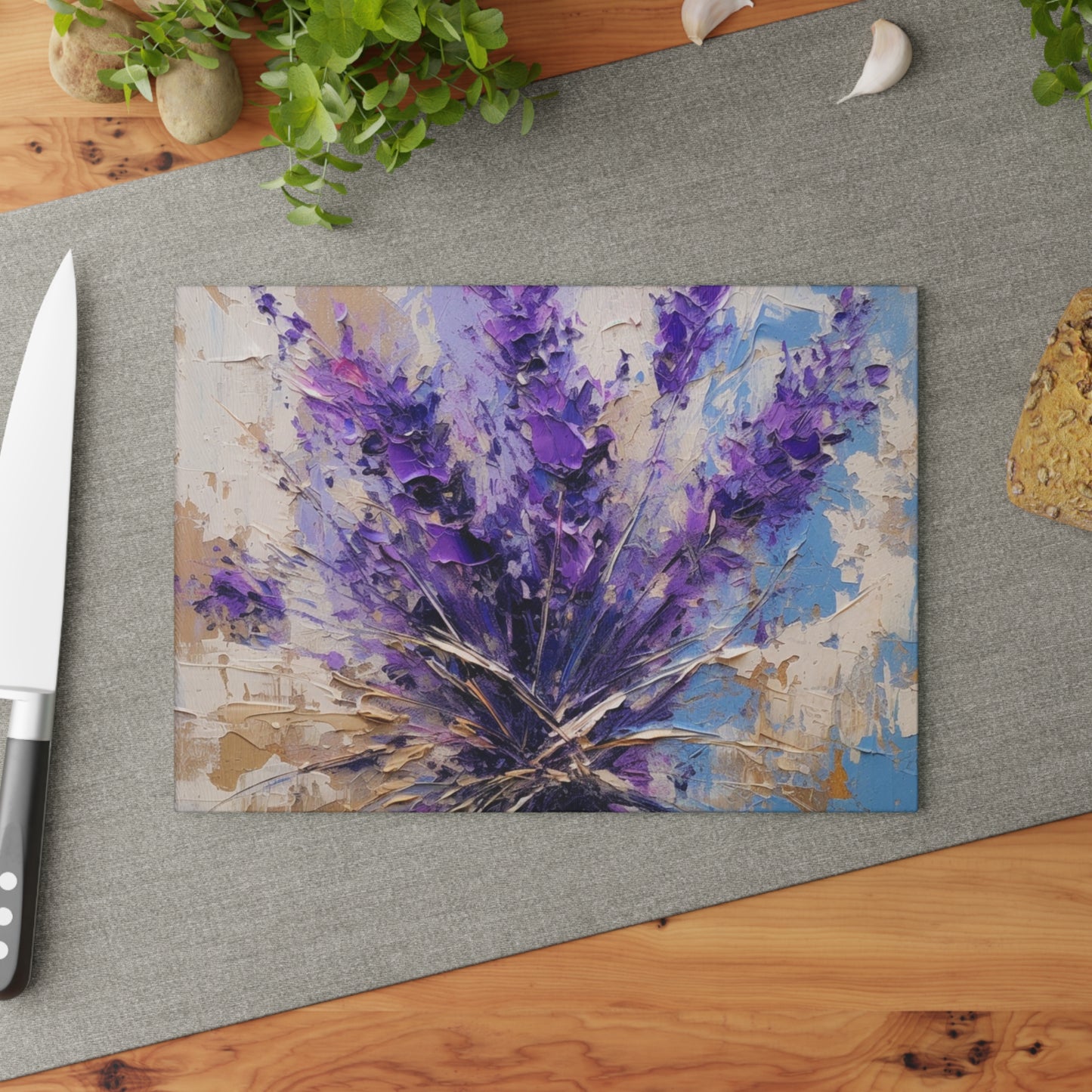 Vibrant Lavender Art on Glass Cutting Board : A Floral Delight for Your Senses