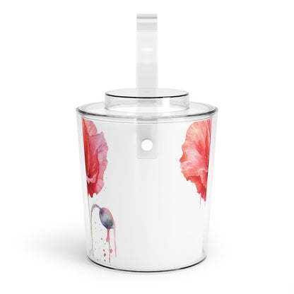 Poppy-Inspired Watercolor Ice Bucket with Tongs: A Delicate Blend of Art