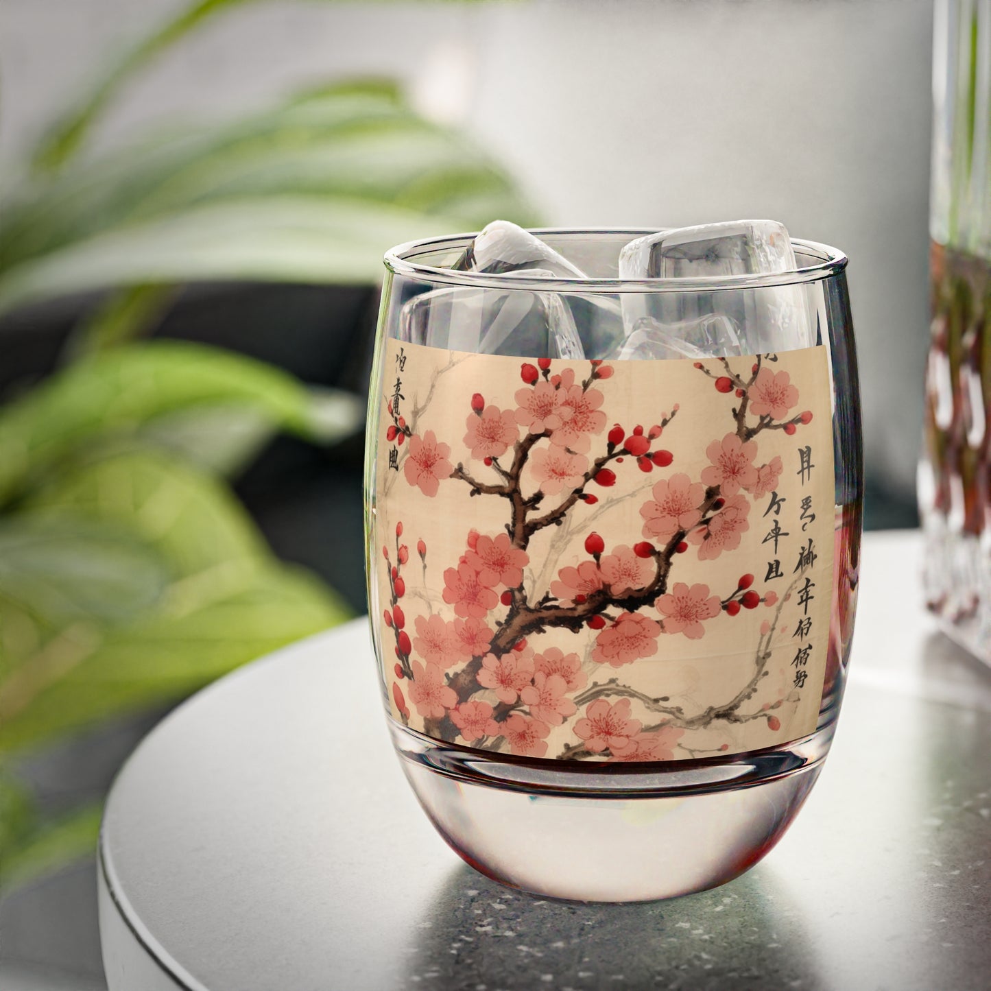 Floral Fusion: Whiskey Glass Merging Cherry Blossom Beauty and Artistic Flower Drawings