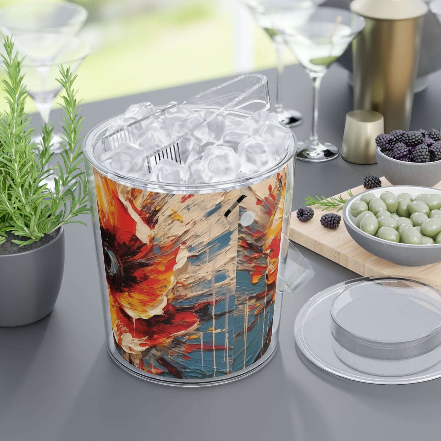 Poppy Symphony: Ice Bucket with Tongs with Abstract Floral Artwork