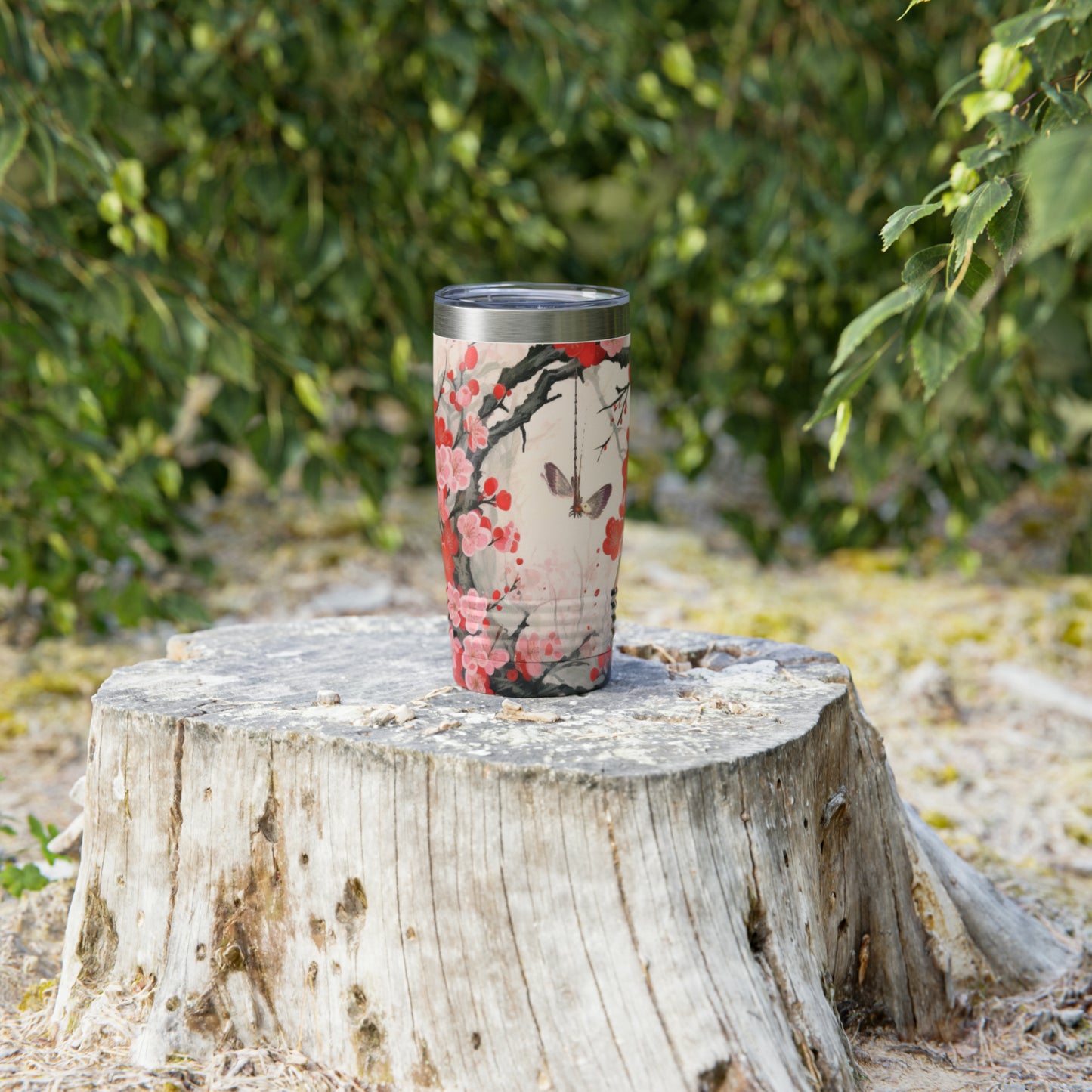 Cherry Blossom Delight: Ringneck Tumbler Adorned with Intricate Flower Drawings and Artistry